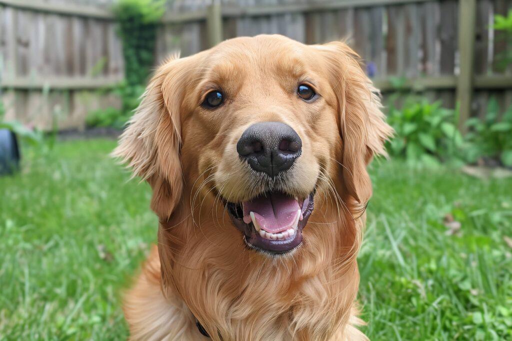 Golden retriever sitting on grass in a fenced yard, looking directly at the camera with its mouth open and ears slightly perked up.