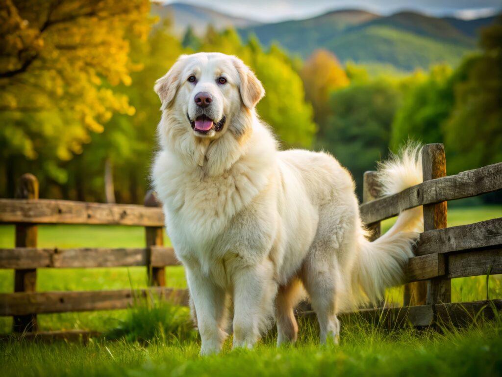 A large, fluffy white dog stands on grass near a wooden fence with trees and hills in the background.