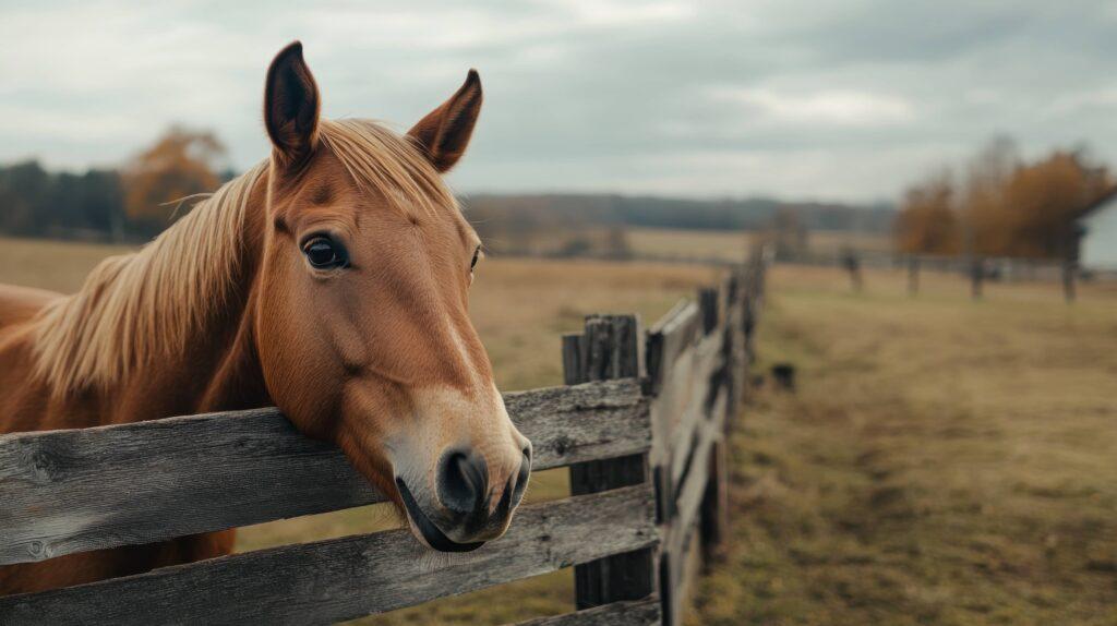 A brown horse leans over a wooden fence in an open field with an overcast sky and distant trees.