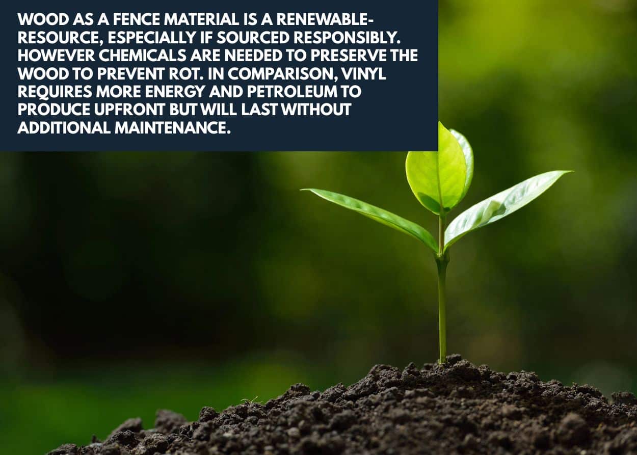 Wood as a fence material is a renewable-resource, especially if sourced responsibly. However chemicals are needed to preserve the wood to prevent rot. In comparison, vinyl requires more energy and petroleum to produce upfront but will last without additional maintenance.
