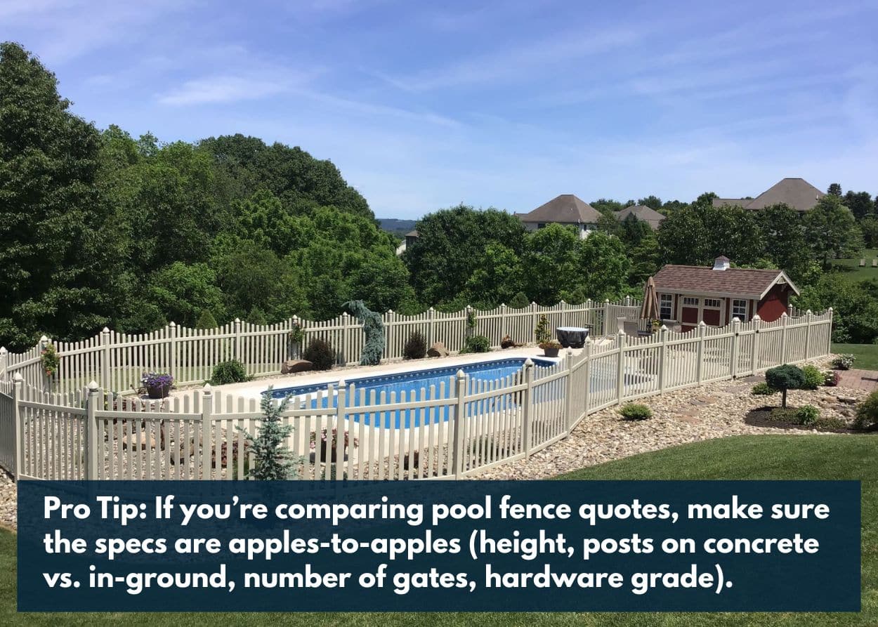 Beige pool fence with landscaping and pool house