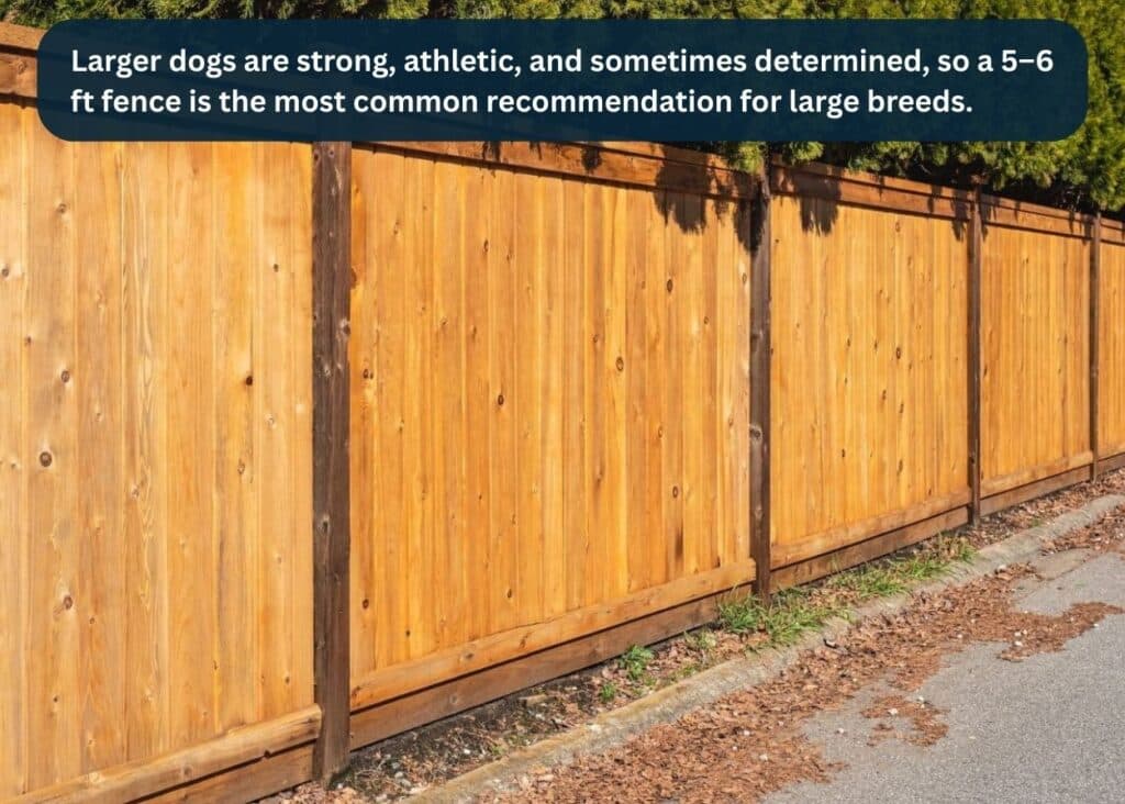 Wood privacy fence with tall panels and tight spacing designed to prevent dogs from escaping. Caption: Larger dogs are strong, athletic, and sometimes determined, so a 5–6 ft fence is the most common recommendation for large breeds.