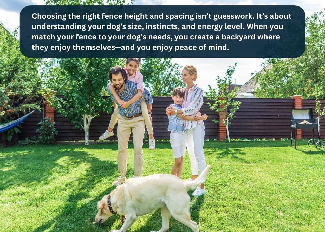 Family playing with their dog in a fenced backyard, demonstrating a safe and secure fence design for pets. Caption: Choosing the right fence height and spacing isn’t guesswork. It’s about understanding your dog’s size, instincts, and energy level. When you match your fence to your dog’s needs, you create a backyard where they enjoy themselves—and you enjoy peace of mind.
