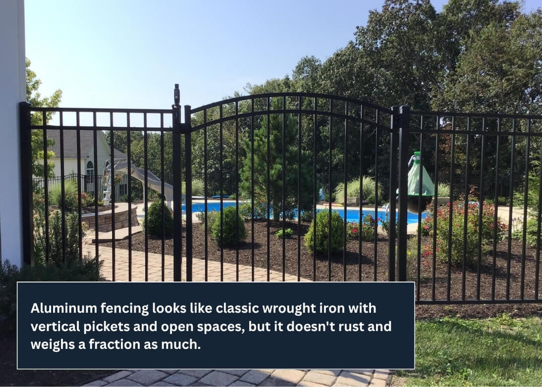 Black aluminum fence with an arched gate surrounding a backyard swimming pool and landscaped patio.